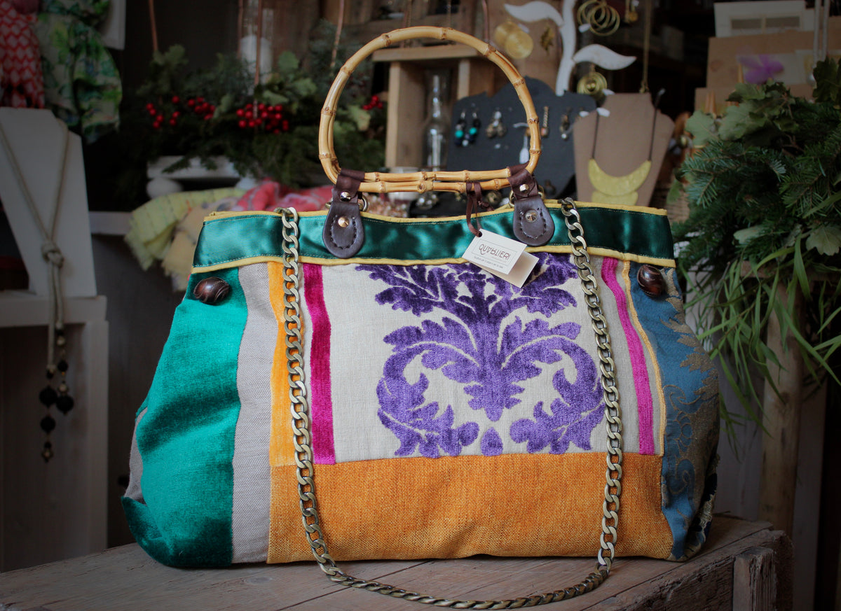 Borsa a tracolla in cotone patchwork boho verde: design Dari a righe - Italia