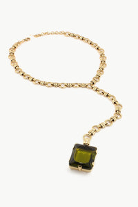 QUARTIERI Collana Pendente Vintage, ottone e cristallo verde oliva, regolabile