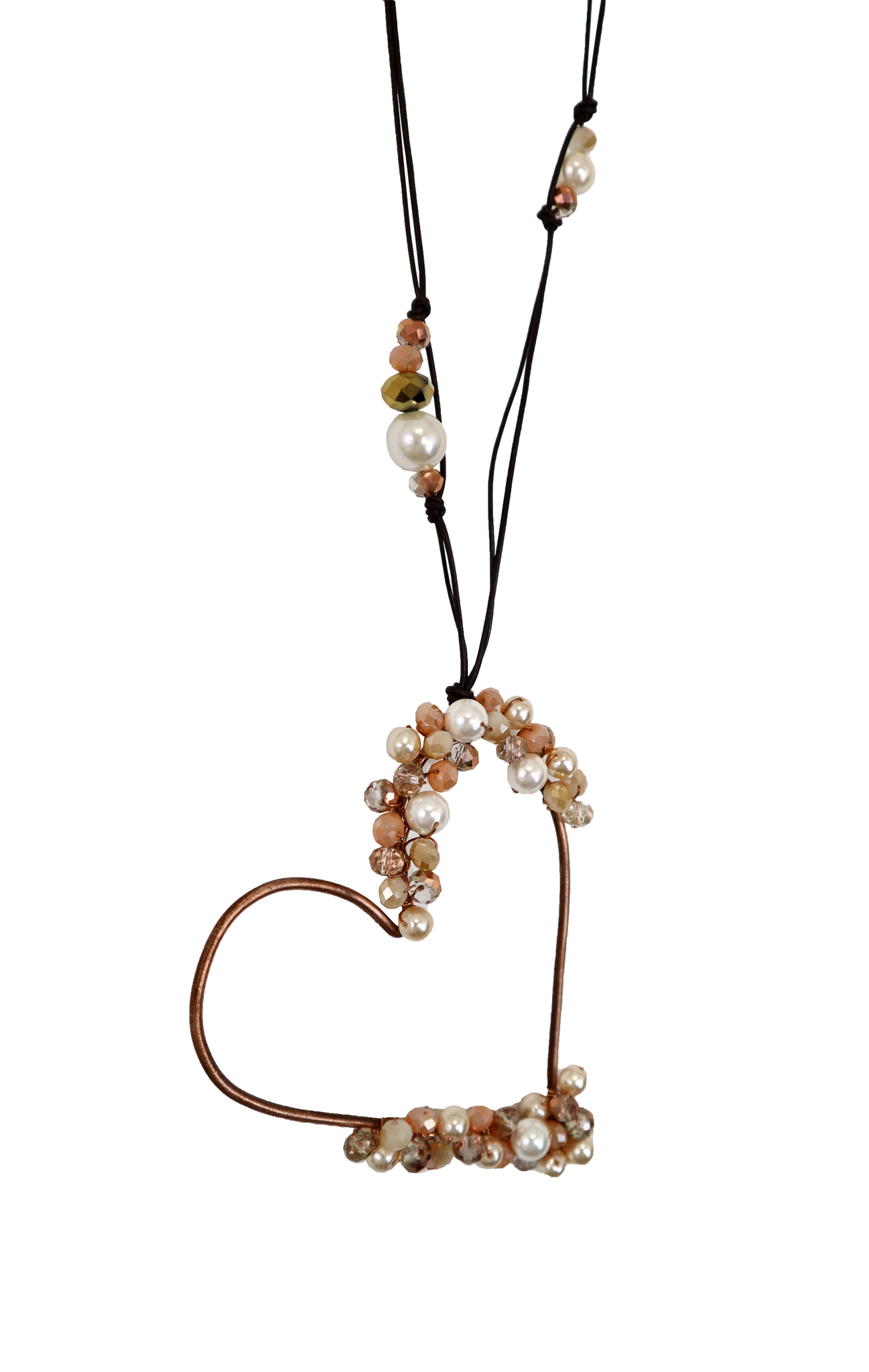 Collana pendente in rame a forma di cuore con cristalli e vetro di murano
