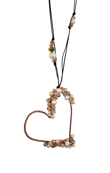 Collana pendente in rame a forma di cuore con cristalli e vetro di murano