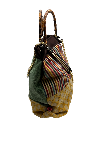 QUARTIERI Borsa patchwork con manici in bamboo e tracolla