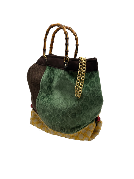 QUARTIERI Borsa patchwork con manici in bamboo e tracolla