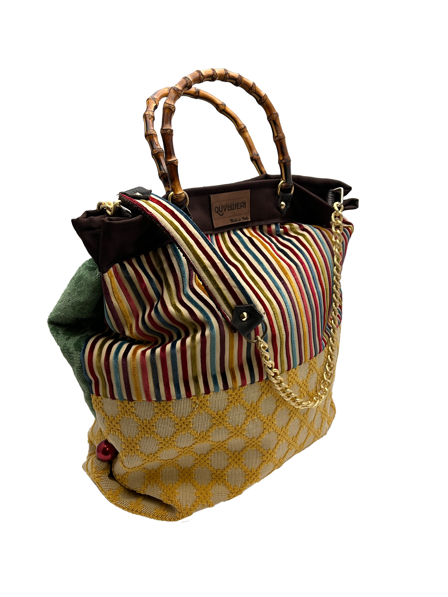 QUARTIERI Borsa patchwork con manici in bamboo e tracolla