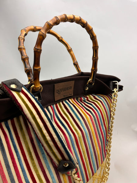 QUARTIERI Borsa patchwork con manici in bamboo e tracolla