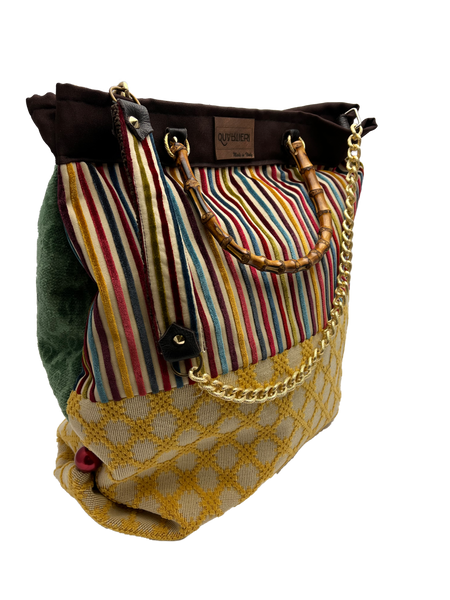 QUARTIERI Borsa patchwork con manici in bamboo e tracolla