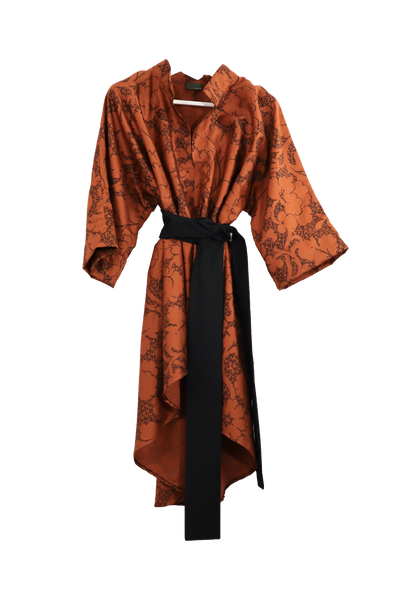 Abito camicione in cotone color ruggine con stampe