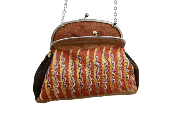 Borsa Vintage in tessuto broccato color mattone e striature verticali(Pezzo unico)