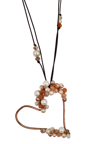 Collana pendente in rame a forma di cuore con cristalli e vetro di murano