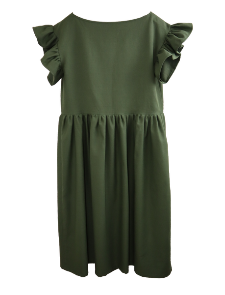 Abito in lino grezzo, color verde militare con morbida gonna arricciata(Pezzo Unico)