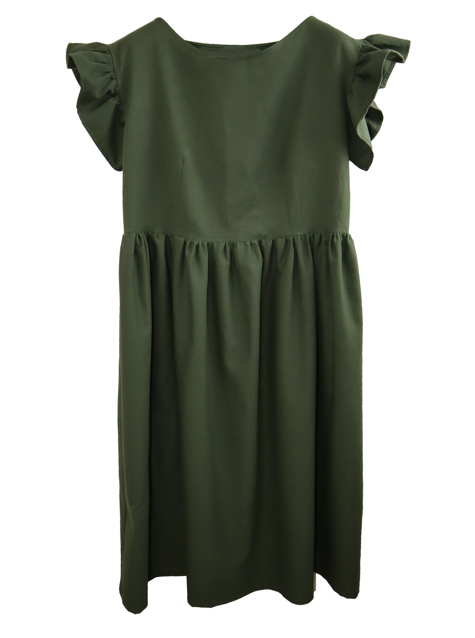 Abito in lino grezzo, color verde militare con morbida gonna arricciata(Pezzo Unico)