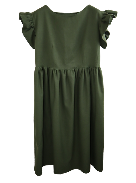 Abito in lino grezzo, color verde militare con morbida gonna arricciata(Pezzo Unico)